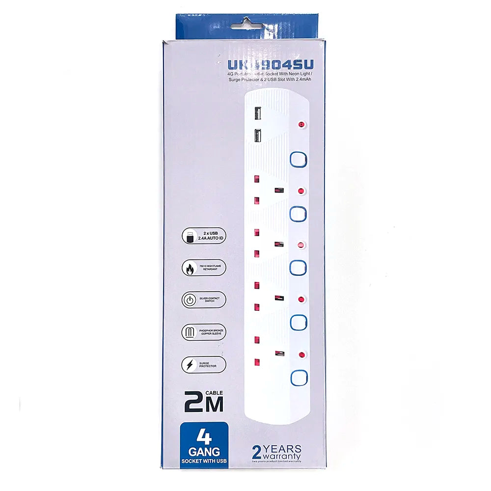 Extension socket 4-way 13A 2USB port UK4904SU