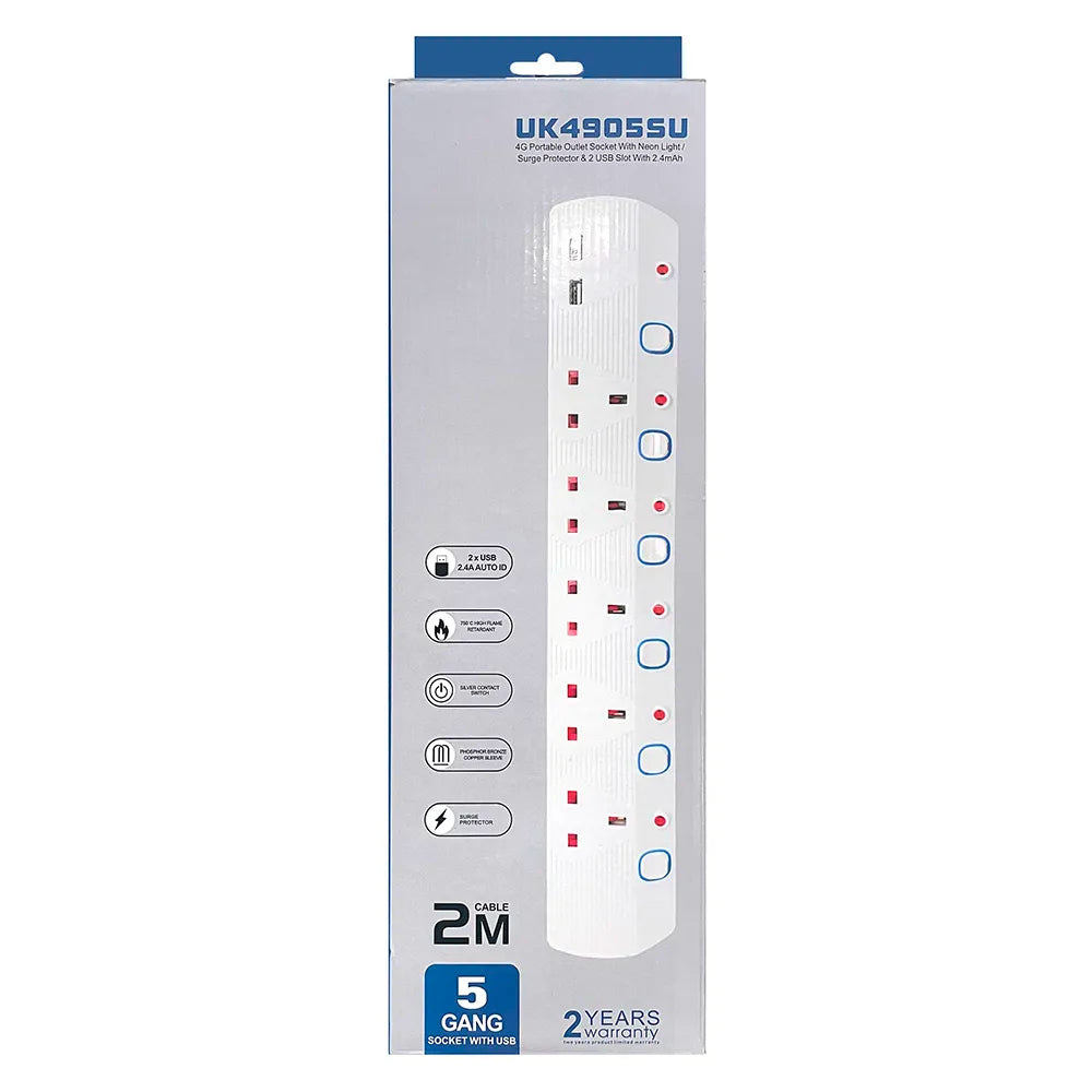 Extension socket 5-way 13A 2USB port UK4905SU