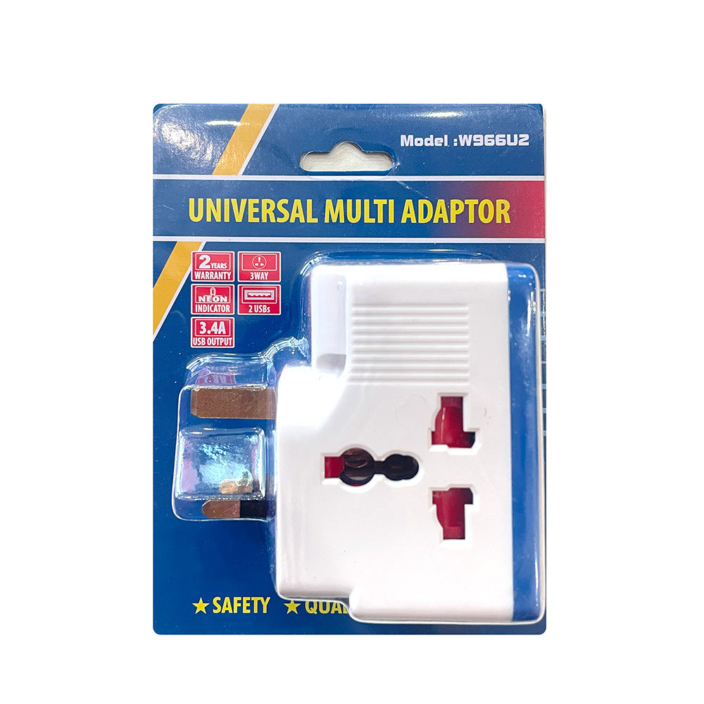 Universal Adaptor, 13A 3-way, 2 USB port, W966U2