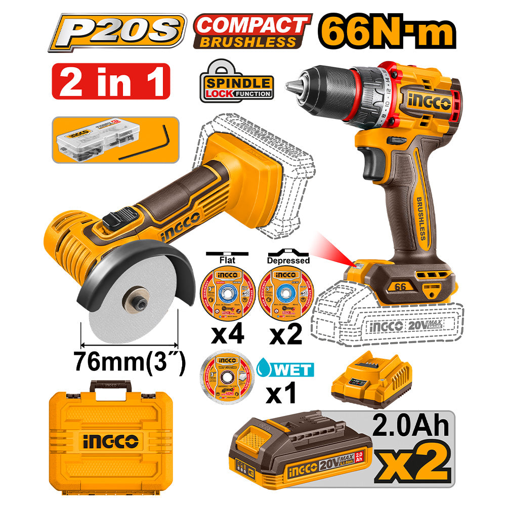 Ingco Cordless 2pc Combo Kit CKLI20766