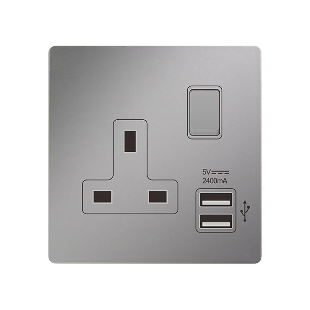Trilif 1 Gang 13a Switched Socket With Twin Usb Charger Grey