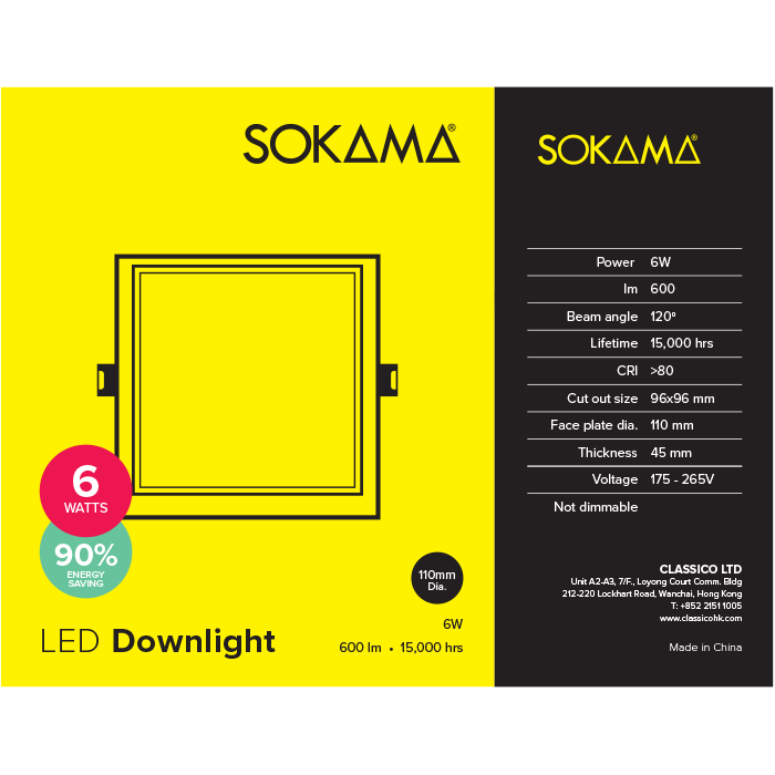 Sokama 6W Led Plastic Panel Light 110mm Square White - Daylight