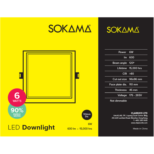 Sokama Led Plastic Panel Light Square White 18w Daylight 175